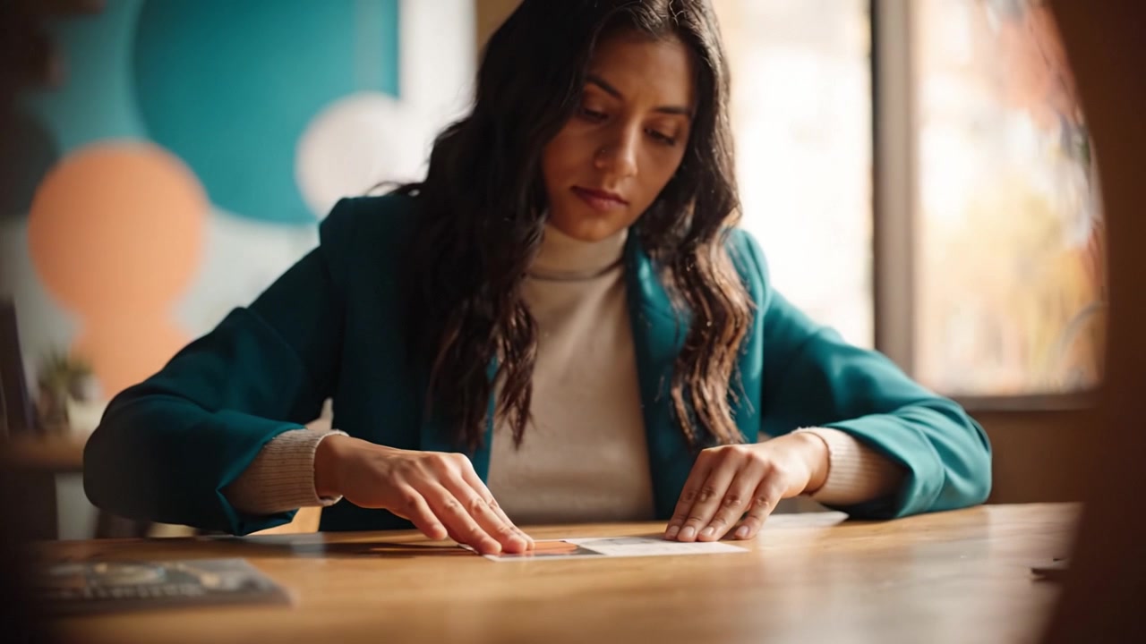 A contemplative woman examines a postcard while seated at a wooden table in a cozy room filled with colorful decor and natural light streaming through the window.