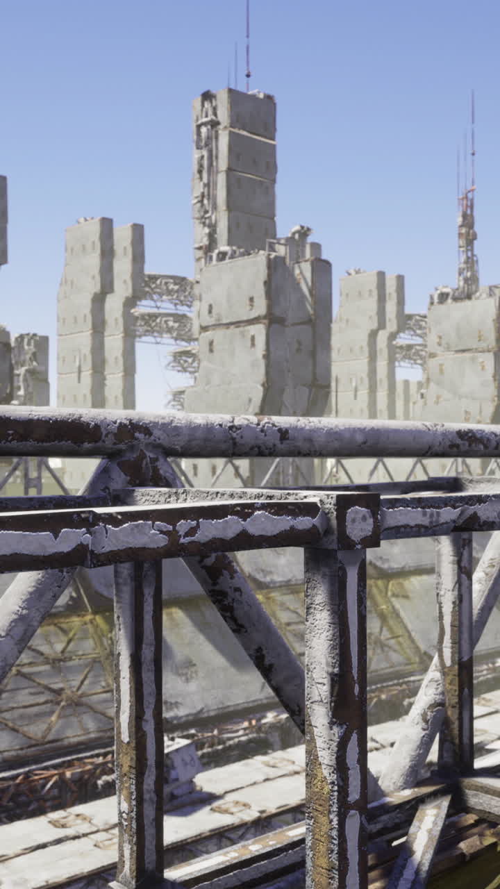 Abandoned industrial complex with overgrown structures in bright daylight