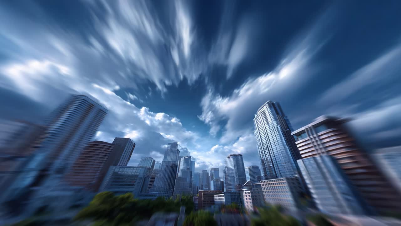Dynamic Urban Skyline Transformation: Exploring Cityscapes Under Dramatic Skies in Motion from Day to Night with Architectural Marvels and Vibrant Atmospheres