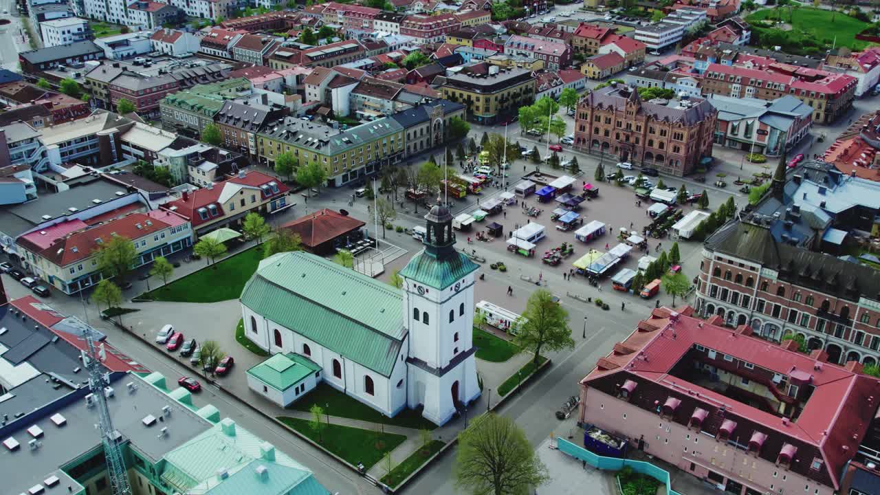 Church At The Main Square Near The Central Marketplace In Varberg, Sweden. Aerial Drone Shot