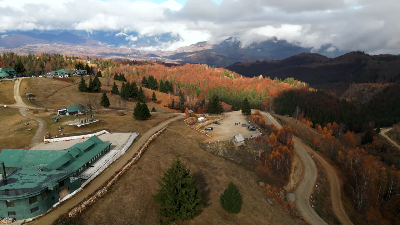 Autumn Nature Landscape Over Amfiteatrul Transilvania Ecological Resort In Moieciu de Sus, Romania. Aerial Drone Shot