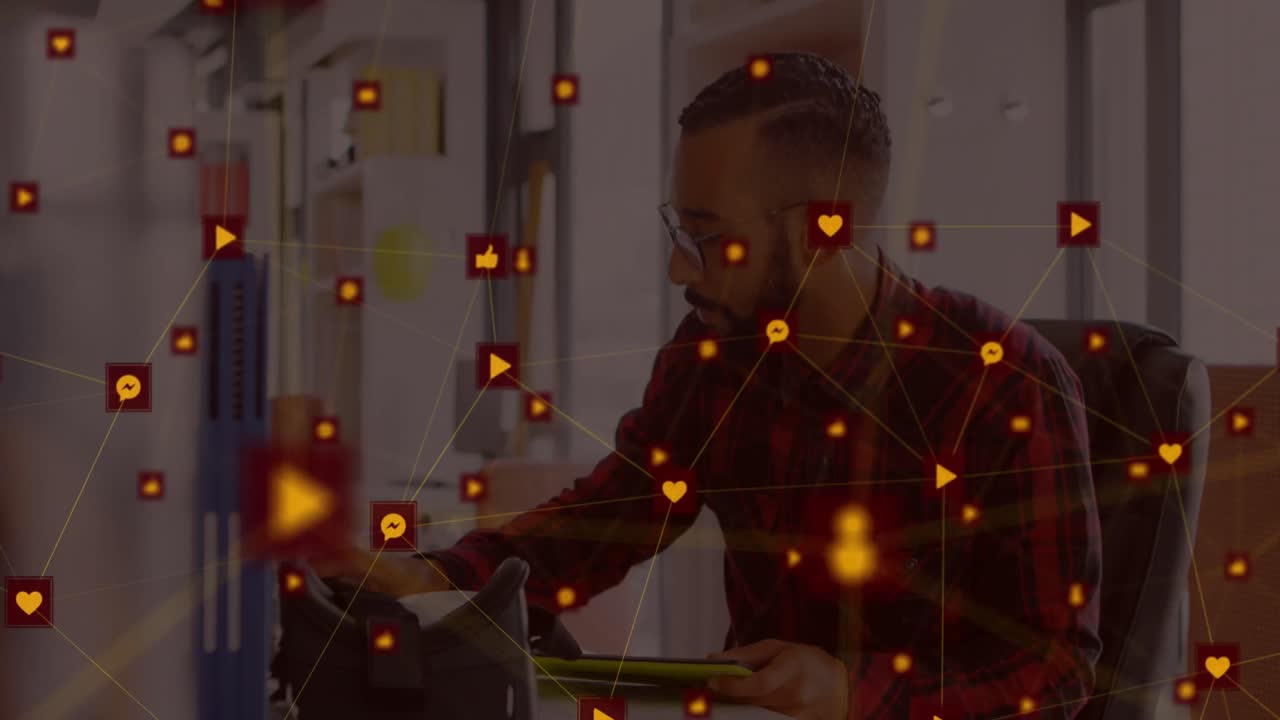 Interface with icons and network of connections over man using graphic digital tablet