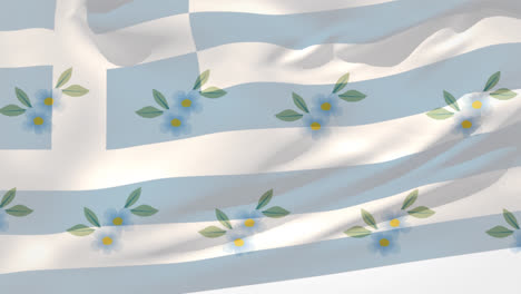 Animation-Der-Flagge-Griechenlands,-Die-über-Reihen-Fallender-Blumen-Weht