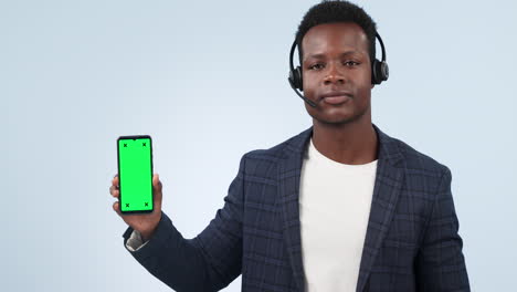 Black-man,-call-center-and-phone-green-screen