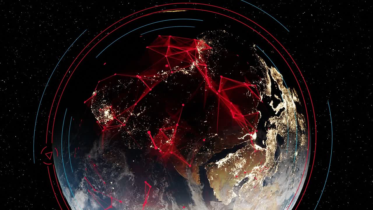 vista espacial de la tierra giratoria planeta globo desde el espacio vista iluminada por la noche renderización de animación conectando gran ciudad centro principal