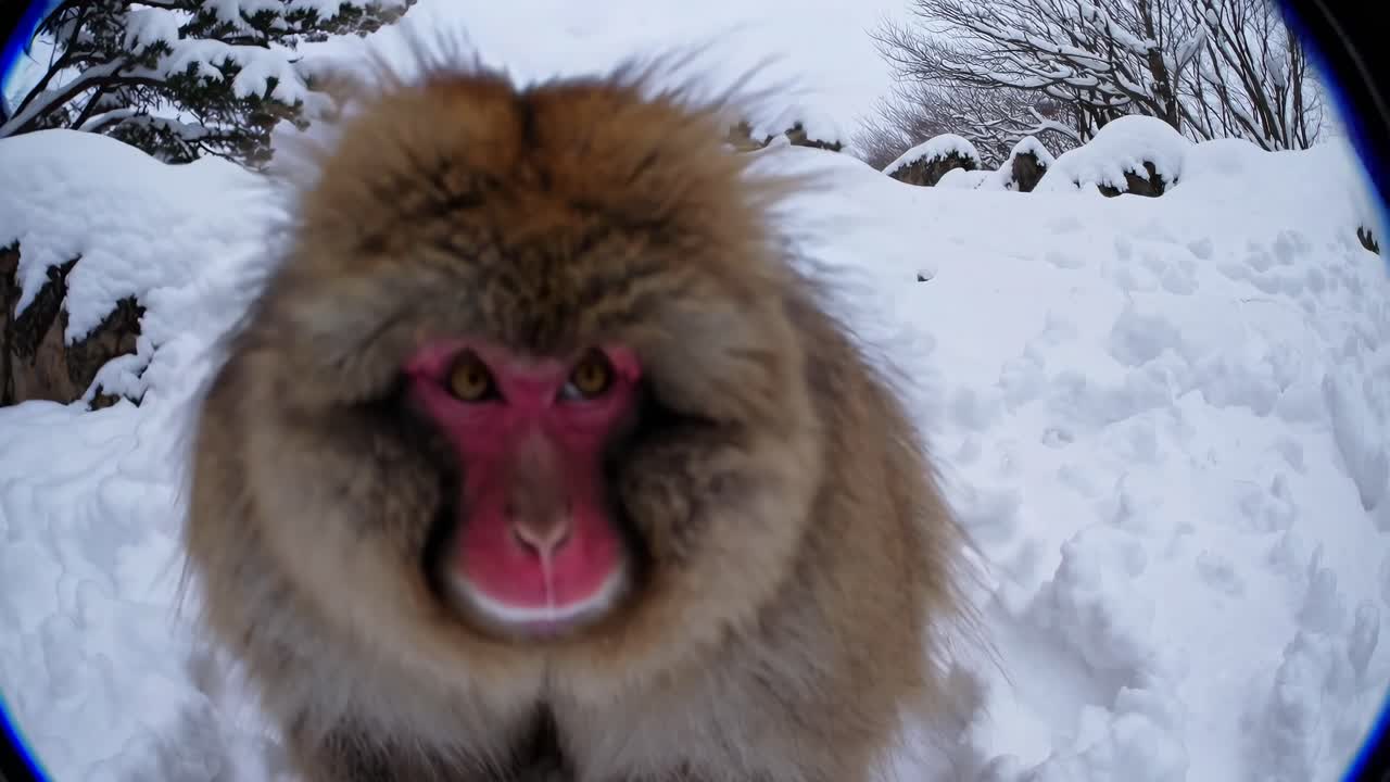 Close-up video of a snow monkey in a snowy landscape, captured from a low angle