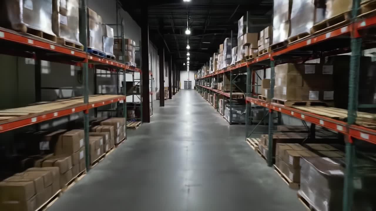 A spacious warehouse setting showcases neatly organized shelves filled with boxes. Workers move around, efficiently managing inventory in this well-lit area.