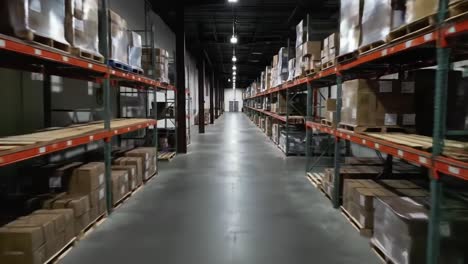a spacious warehouse setting showcases neatly organized shelves filled with boxes. workers move around, efficiently managing inventory in this well-lit area.