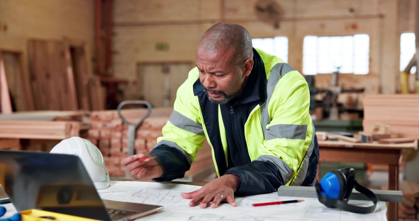 Construction Manager Reviewing Blueprints on Laptop in Workshop