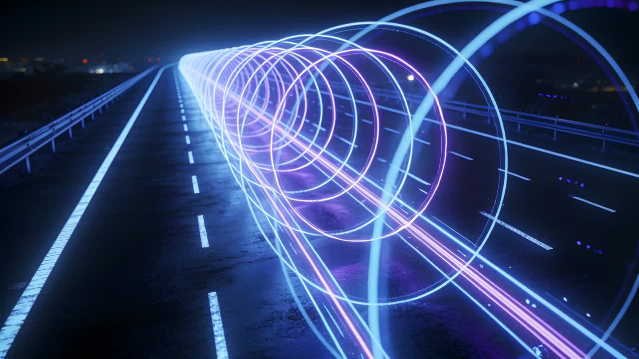 Anelli al neon che emergono dall'orizzonte muovendosi verso lo spettatore lungo la corsia destra, lasciando doppie tracce di luce.