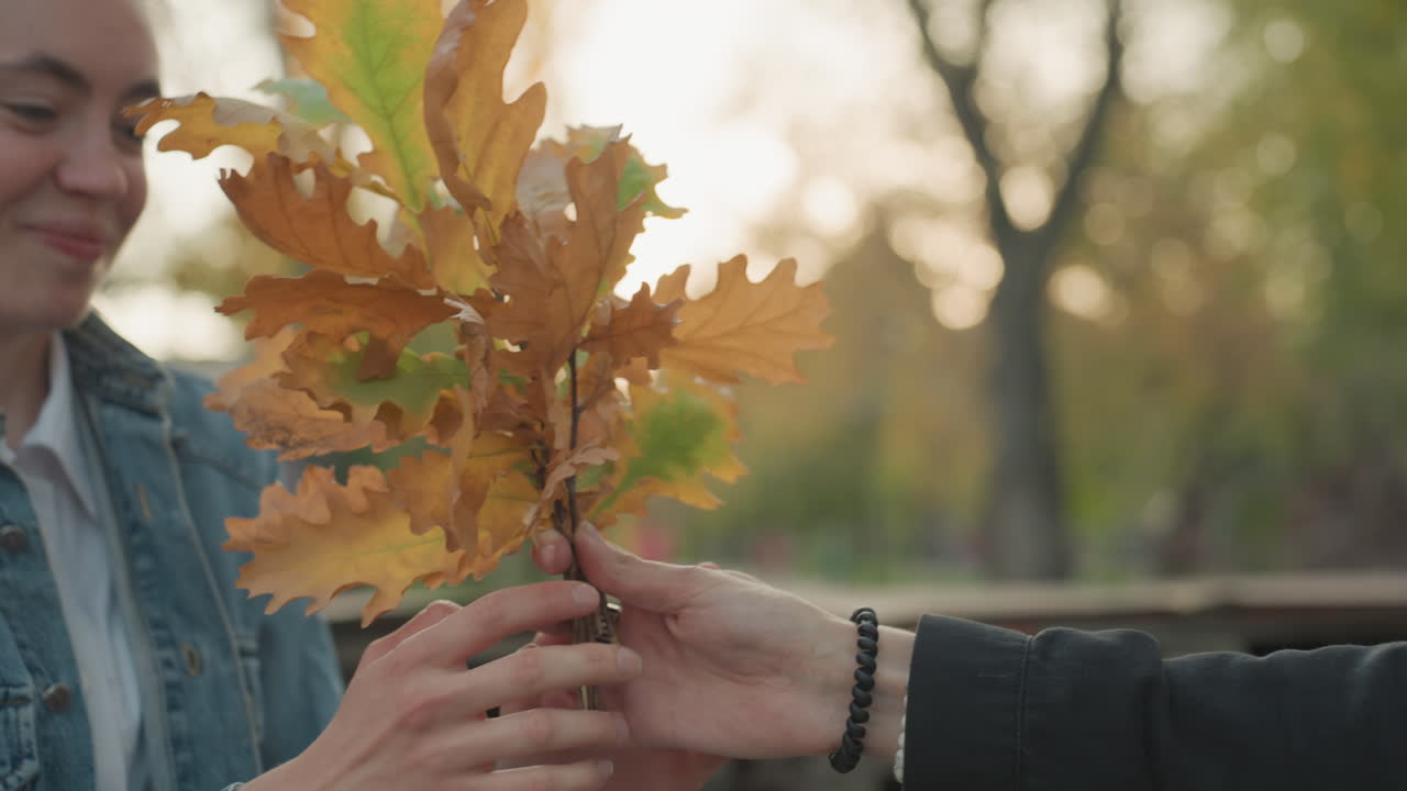 Ragazza si gode le foglie autunnali. Giovane donna nel parco scambia felicemente colorato fogliame autunnale. Giovane donna caucasica in giacca di jeans condivide vivaci foglie autunnali con un'amica durante l'ora d'oro.