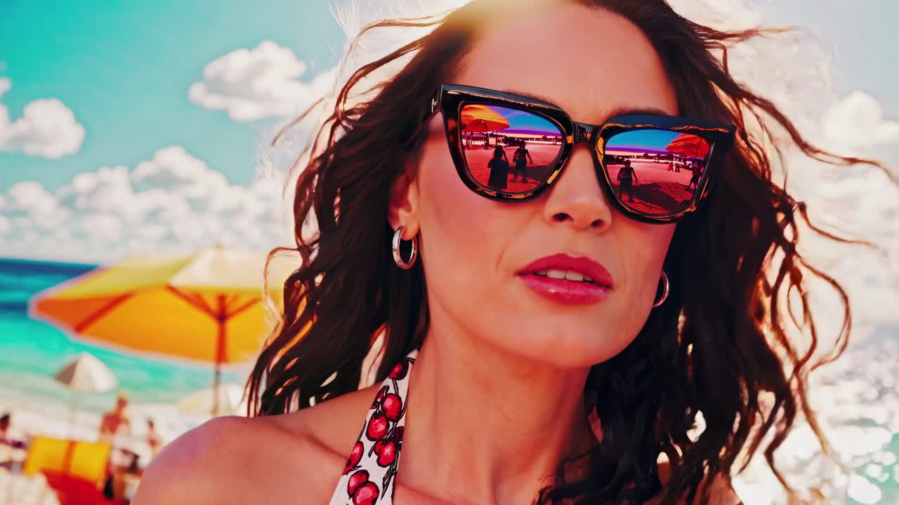 Confident woman with sunglasses walks along a vibrant beach, showcasing flowing hair and sunny atmosphere, capturing the essence of summer joy and freedom