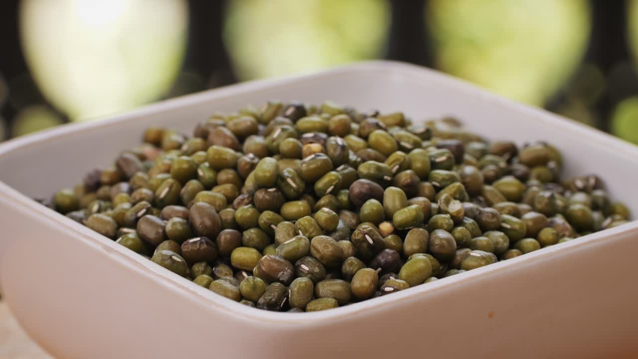 Green Mung Beans in a White Bowl