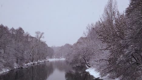 snowfall fluttering across snow covered niebieskie źródła river banks, polish blue springs woodland nature reserve