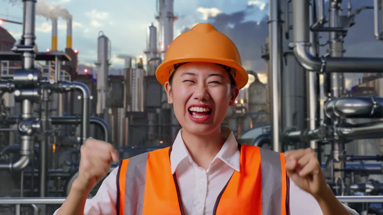 Close Up Of Asian Female Engineer With Safety Helmet Screaming Goal And Dancing Celebrating In a Refinery, Oil Processing Equipment And Machinery