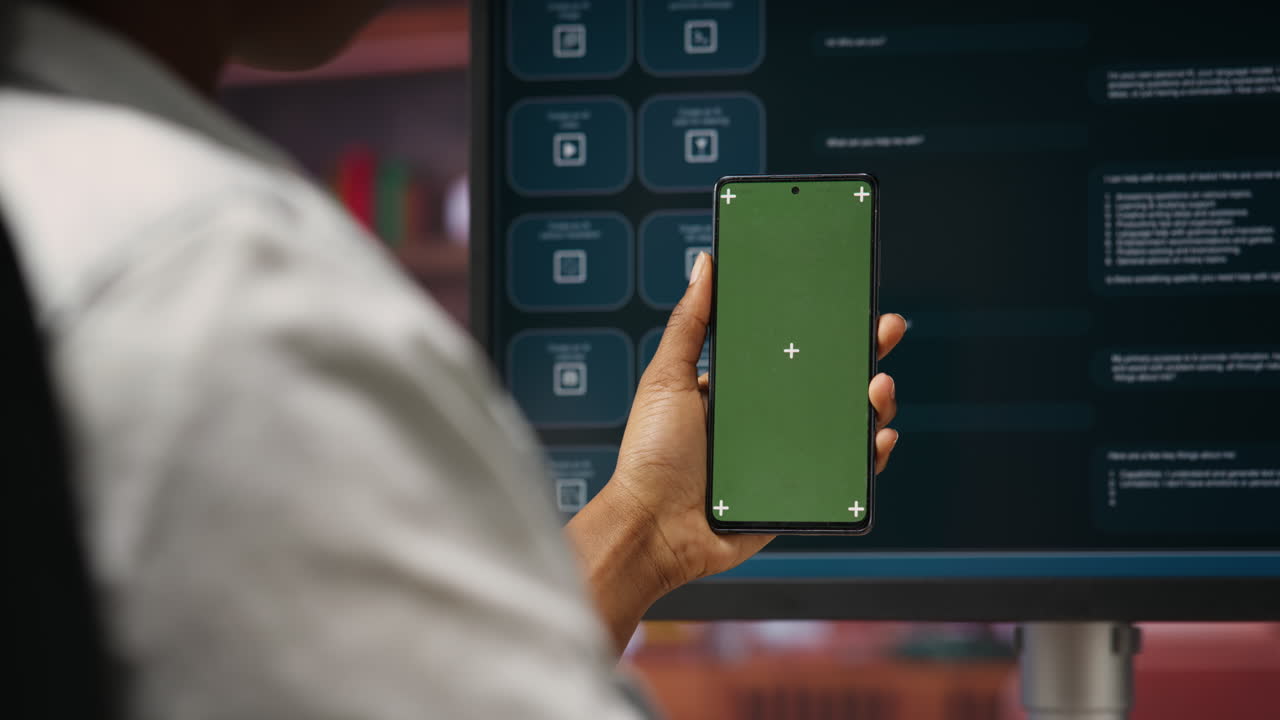 mujer usando un teléfono inteligente de pantalla aislada y un chatbot ai lm en la computadora