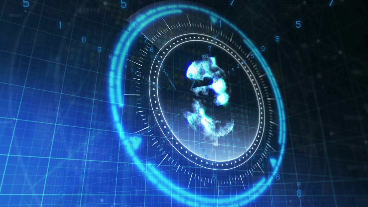 Blue hologram HUD rotating, showing outer ring and inner circle, morphing particle mass on grid