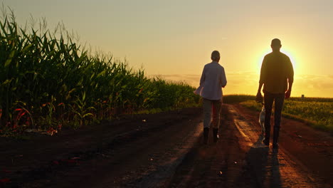 una pareja paseando con un perro en un camino de campo al atardecer