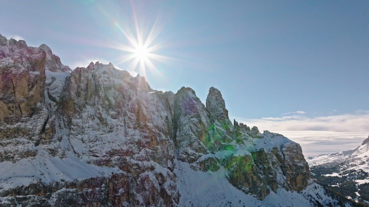 Aerial drone view of the Gardena Pass high mountain pass in the Dolomites, Italy