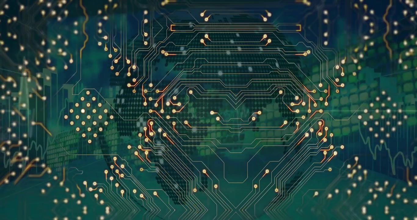 Animation of computer circuit board over globe on black background