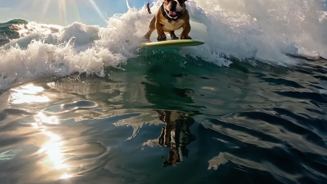 A low-angle video captures a bulldog surfing a wave, showcasing dynamic motion and excitement