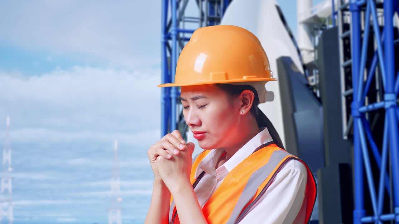 안전 헬을 입은 아시아 여성 엔지니어가 우주왕복선과 함께 서 있는 동안 무언가를 위해 기도합니다.