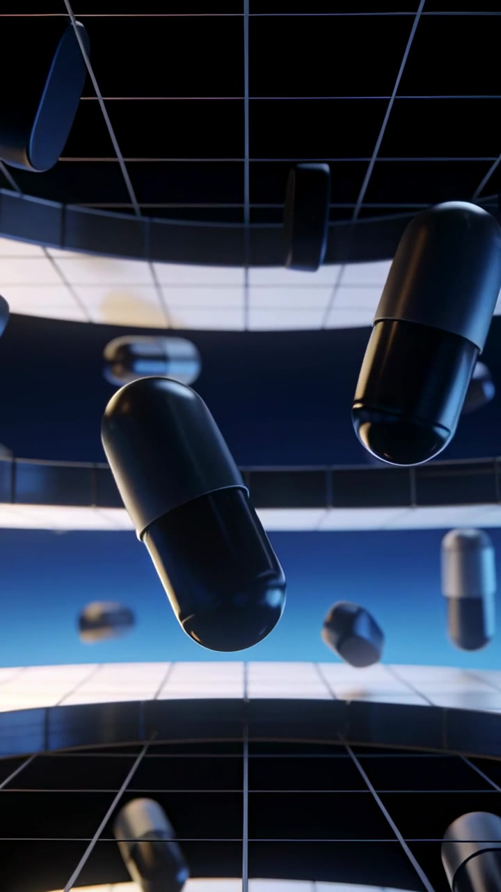 Video verticale: Telecamera che si allontana rivelando capsule che fluttuano e ruotano in una fascia a griglia mostrando profondità