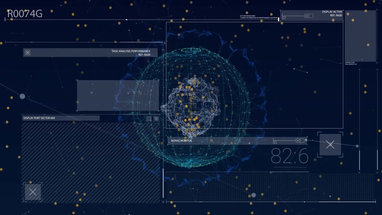 Animation of interface with data processing over yellow spots and globe of network of connection