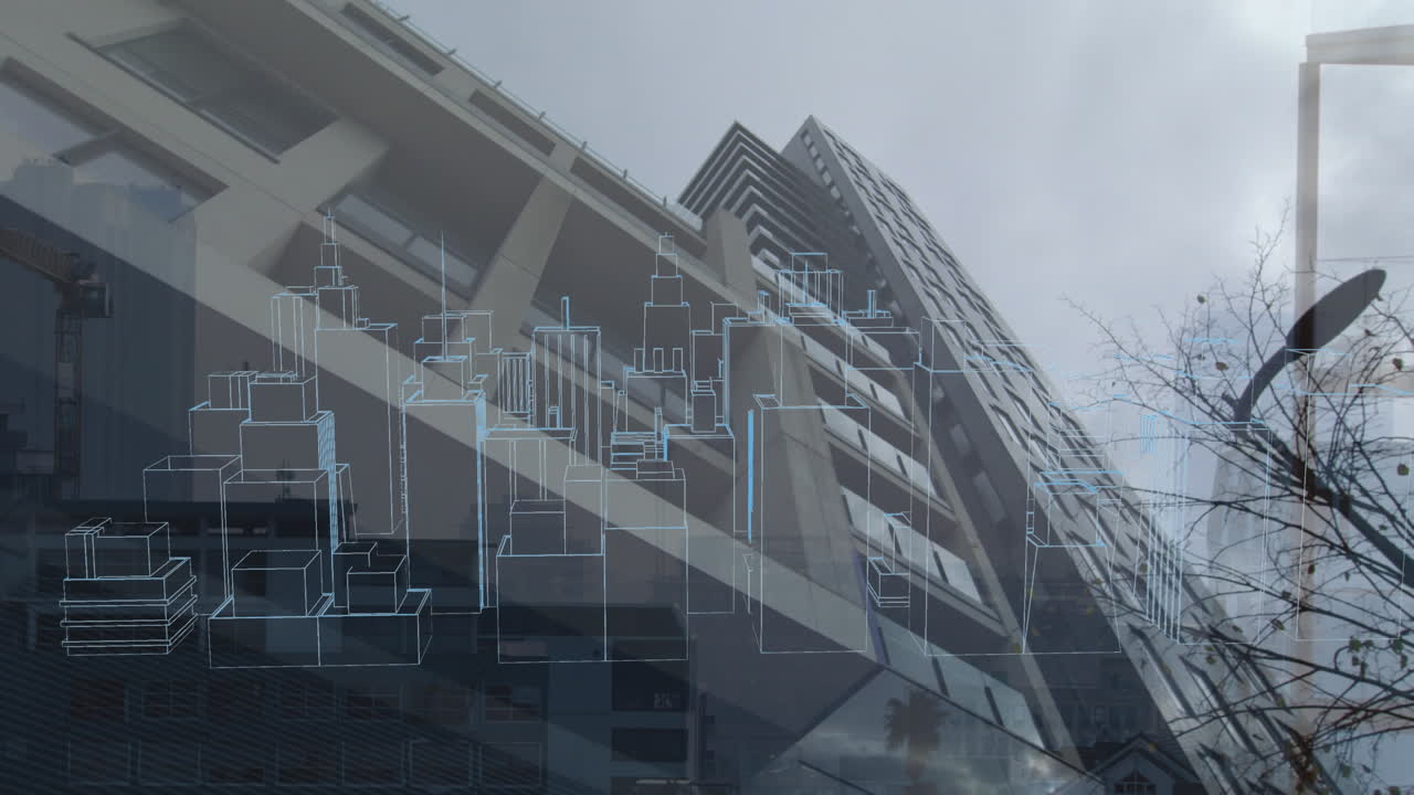 Animation of digital city over cityscape