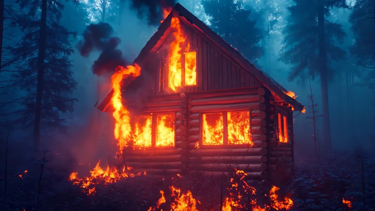 una capanna di legno in fiamme nel bosco di notte