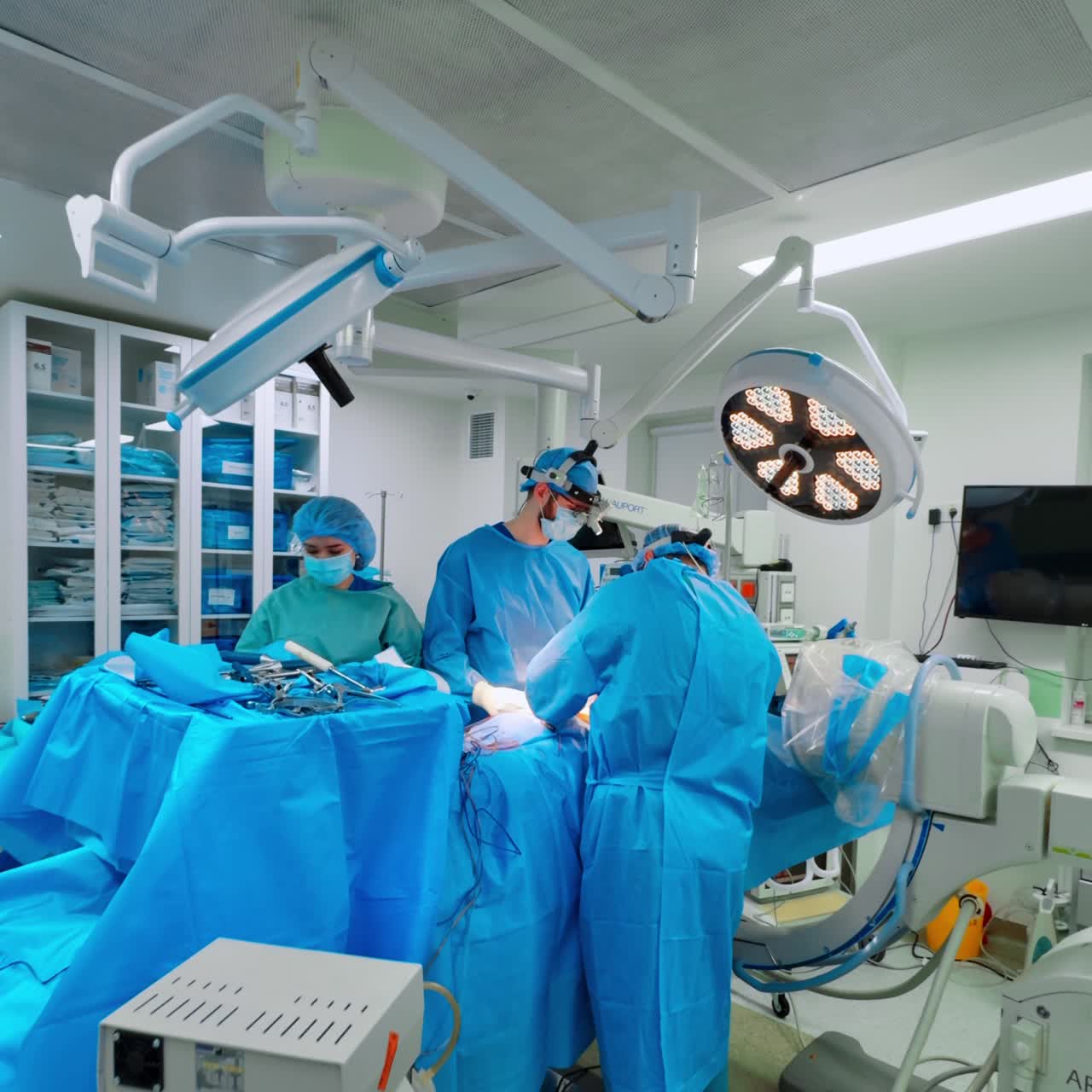 Equipamento médico com exames de raio-x nas telas. Equipamentos em sala de cirurgia durante a operação. Tela vertical