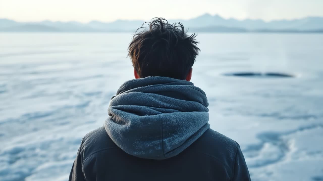 Man trudging near melting ice opening on frozen lake, winter landscape surrounding, cold weather conditions