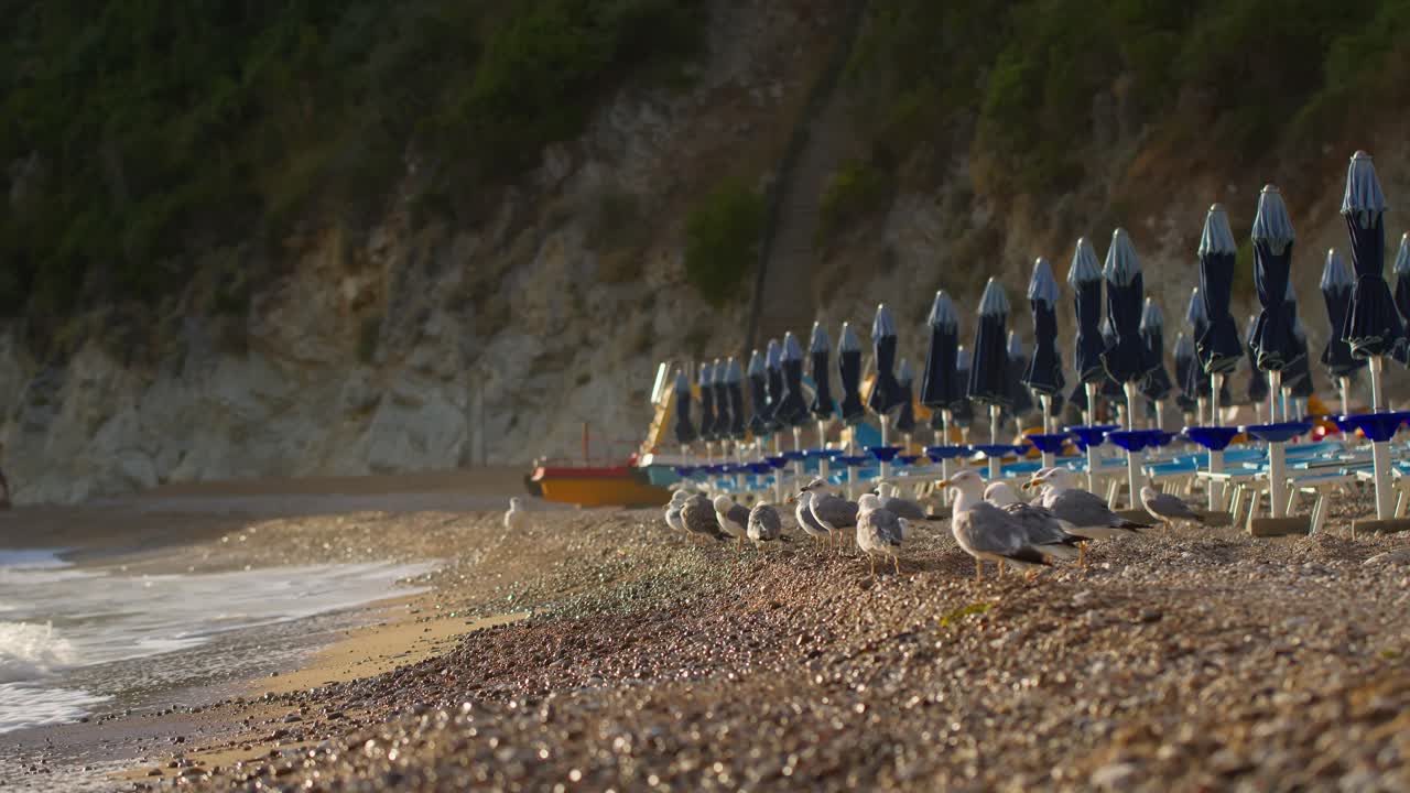 Seaside calm at Guidaloca Beach, Sicily with empty chairs and seagulls