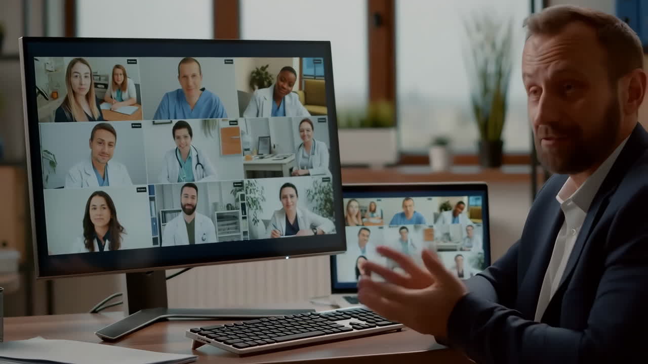 Man participating in a telemedicine video conference with multiple healthcare professionals