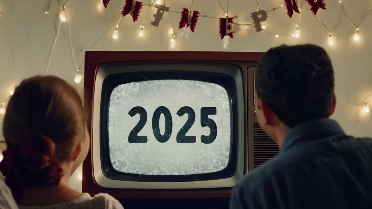 Family Watching the Countdown to 2025 on a Retro TV