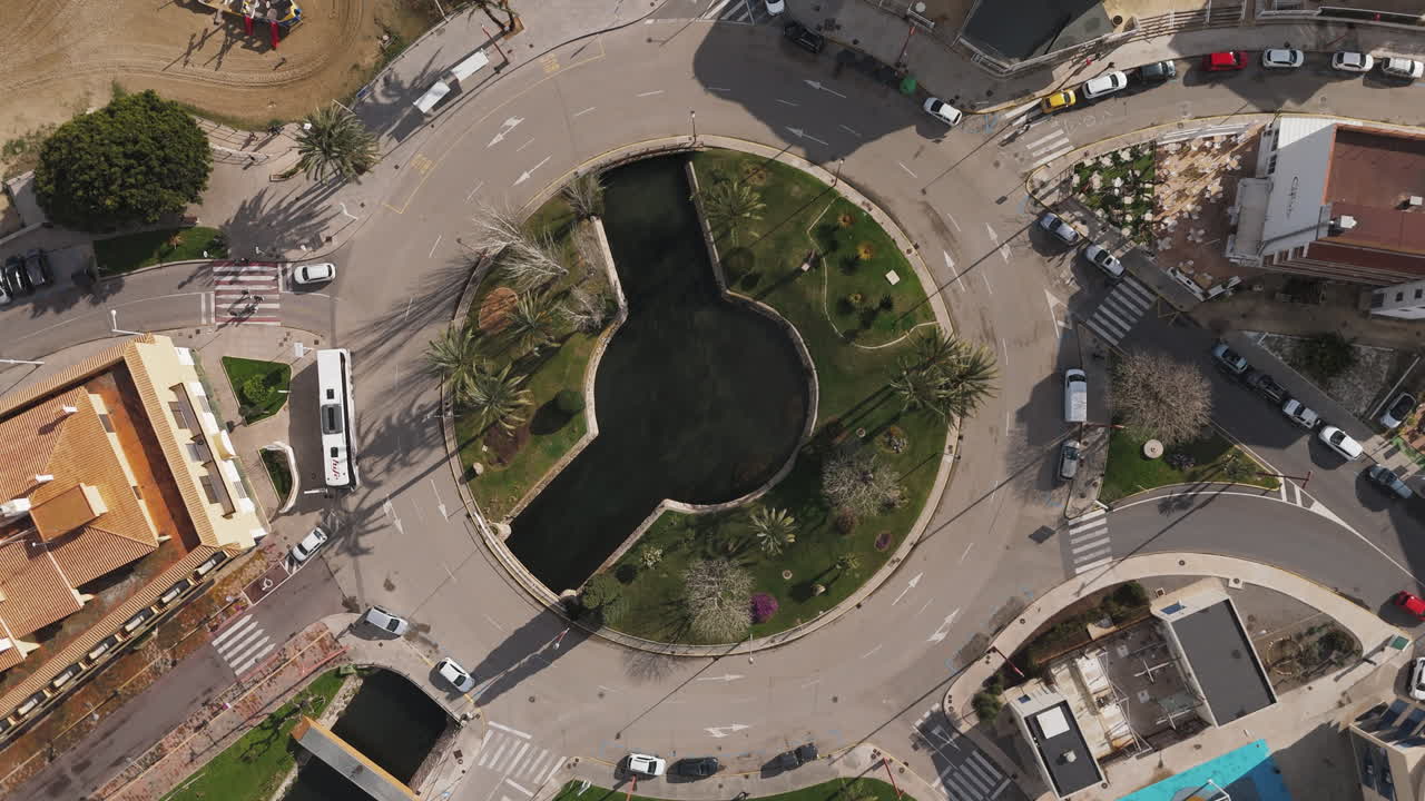 Straight down aerial of Peniscola roundabout with curved roads and urban layout visible