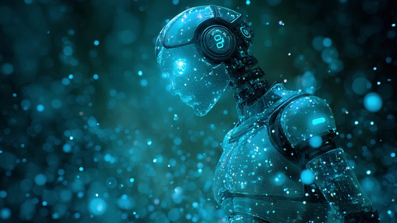 Pensive and sophisticated humanoid cyborg standing amidst shimmering blue particles, symbolizing the convergence of technology, consciousness, and the future of artificial intelligence