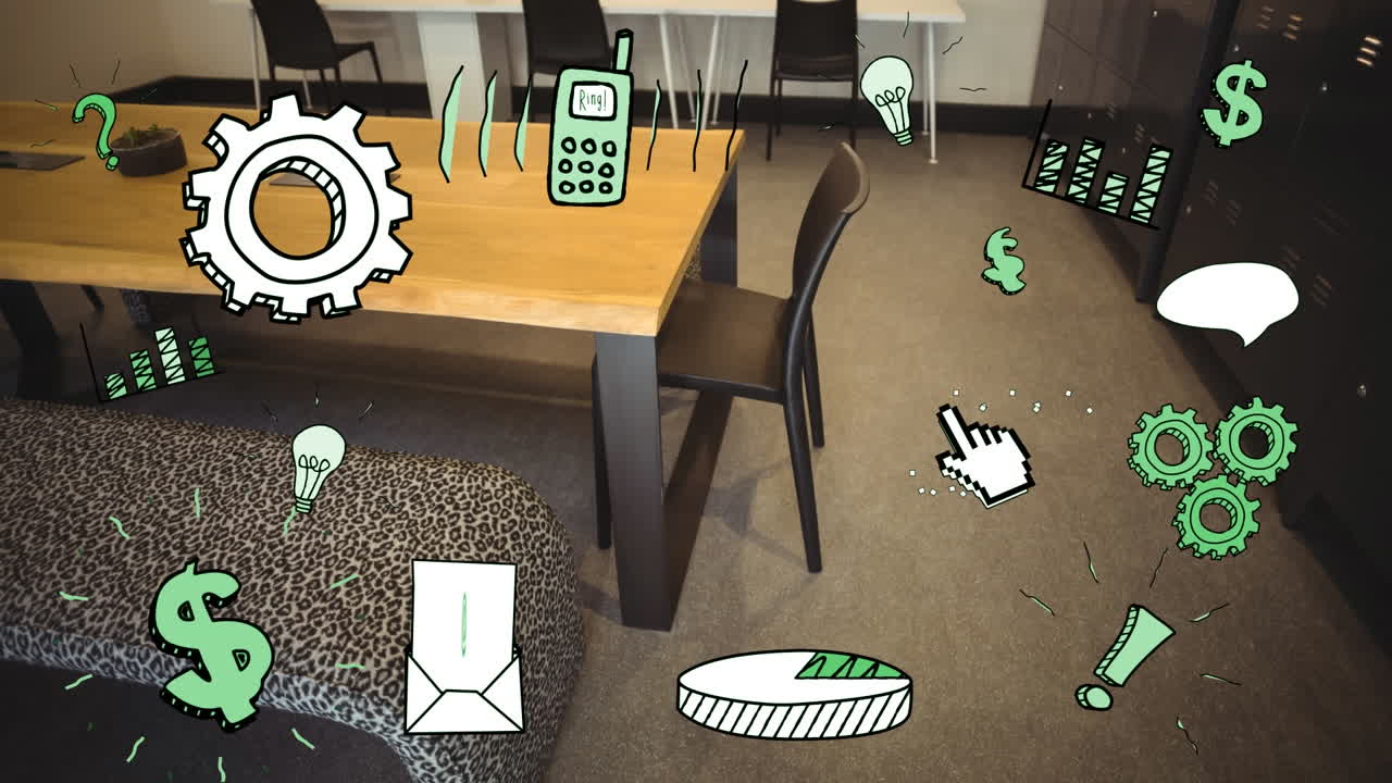 animación de iconos de negocios y oficinas sobre la oficina