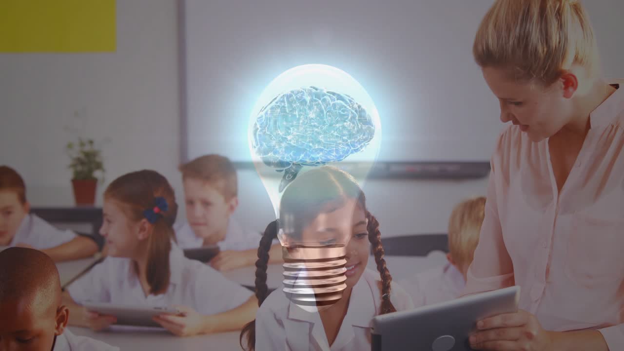 Teacher leaning over girl helping tablet kids sharing screens learning lightbulb brain pulsing