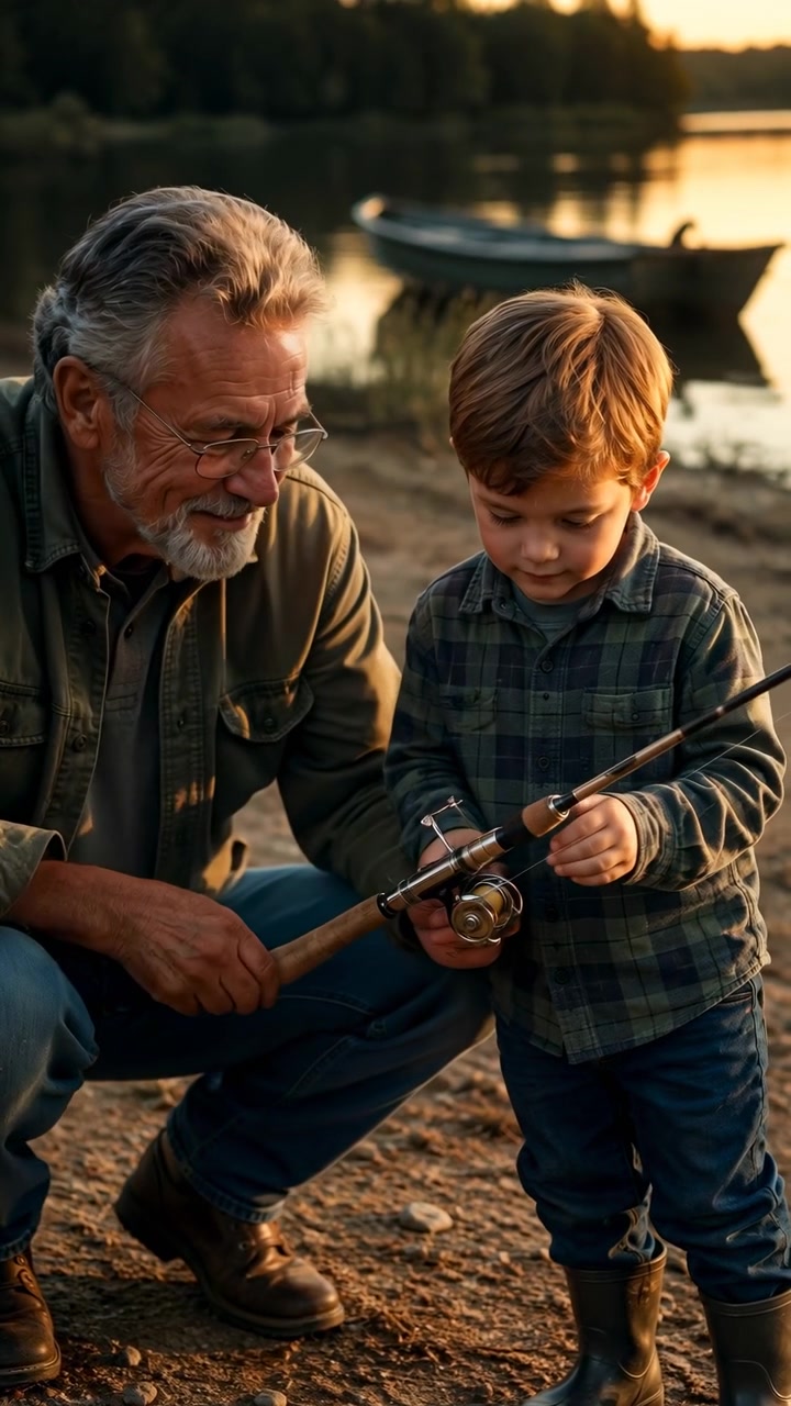 Un uomo adulto e un bambino si concentrano sull'attrezzatura da pesca vicino all'acqua, le mani lavorano intorno al mulinello e alla canna mentre la calda luce solare bassa illumina i loro volti, i vestiti, il terreno sabbioso e la barca dietro di loro.