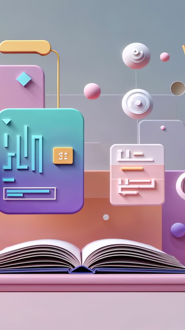 Vertical video: Open book on desk showing floating panels, orbs, rotating disks and shifting lines