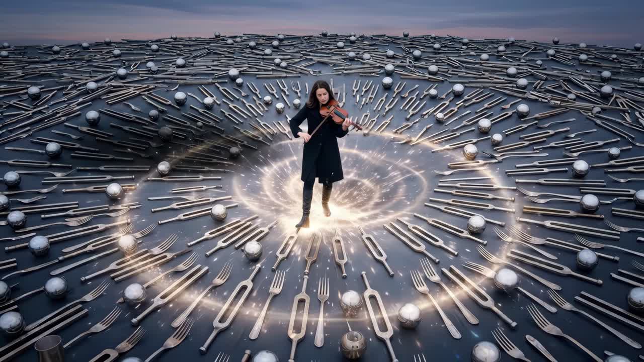 Donna che suona il violino in un paesaggio surreale di diapason e un vortice luminoso