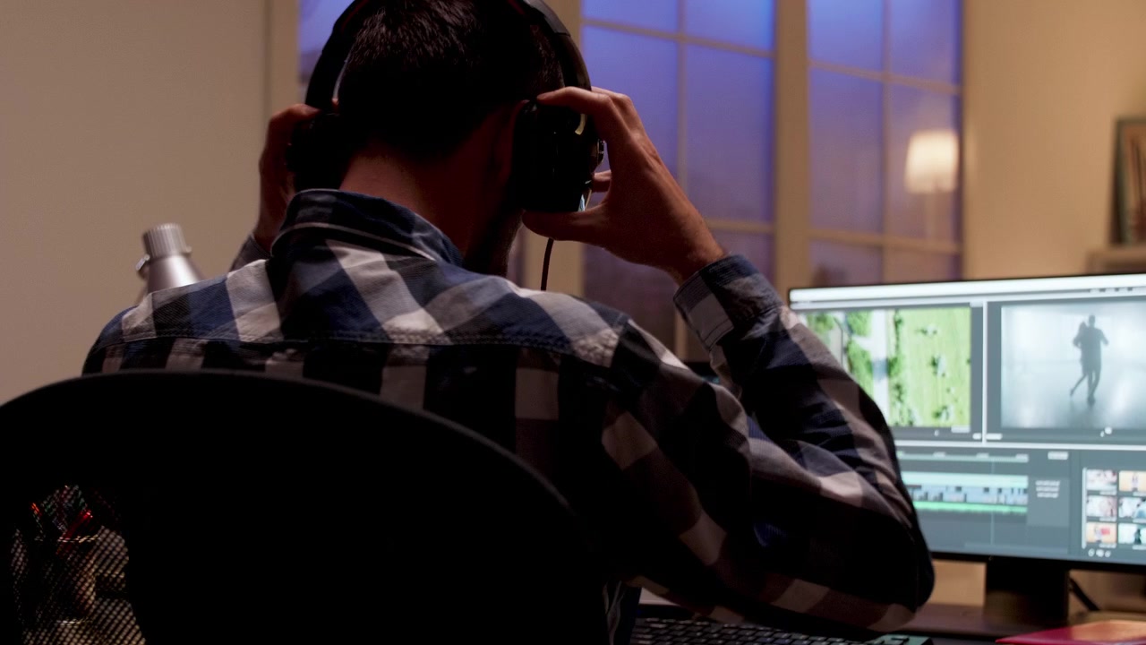 Editor video che indossa le cuffie mentre lavora di notte