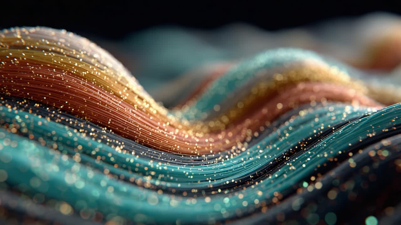 En fængslende visuel rejse gennem teksturerede bølger af farve og lys, der viser skønheden i flydende mønstre og funklende partikler i en fantastisk 3D-rendering