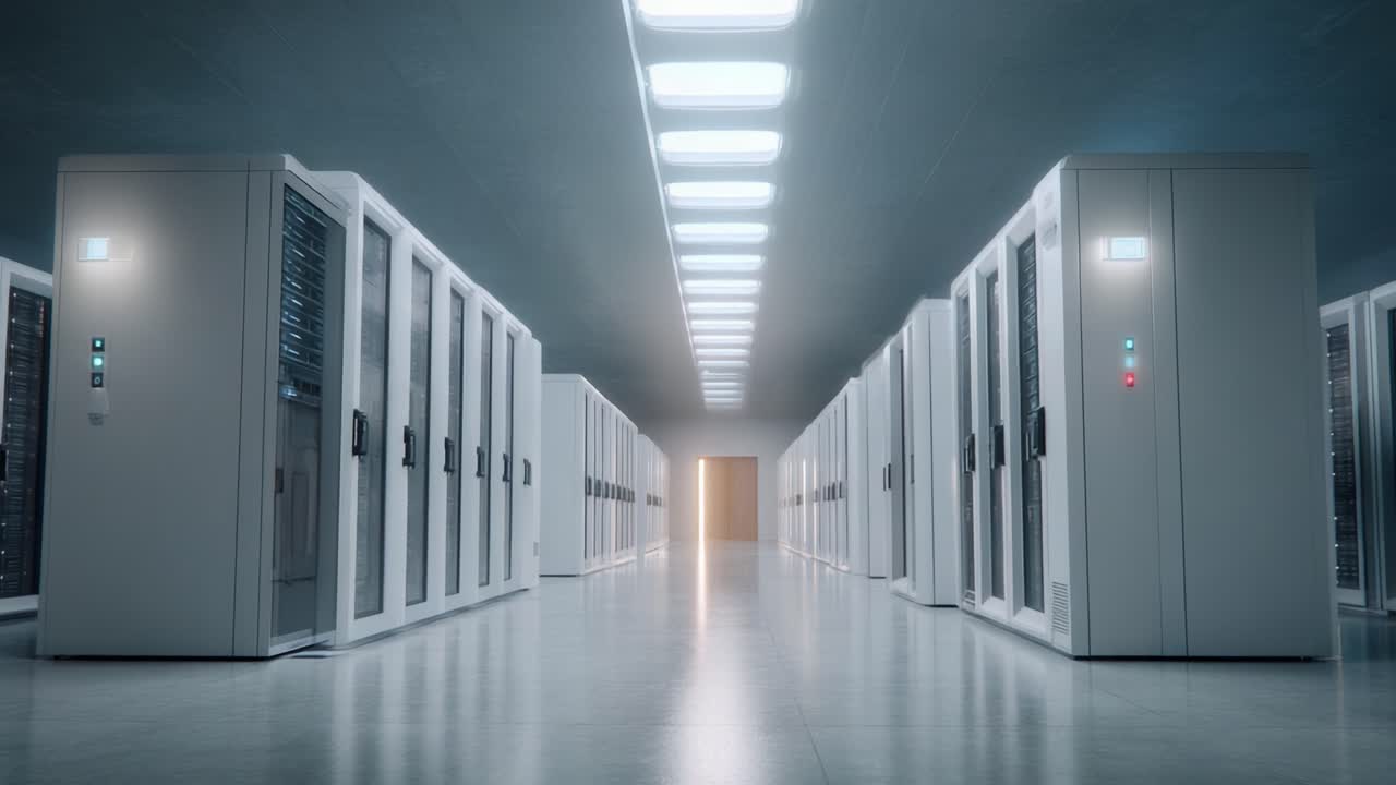 A High-Tech Data Center Showcasing Rows of Secure Server Racks Under Bright Artificial Lighting, Emphasizing Modern Infrastructure and Efficient Design
