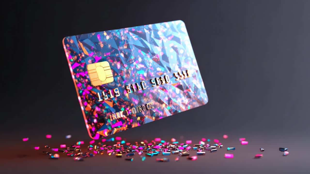 A Vibrant and Eye-Catching Credit Card Design Floating Amidst Sparkling Confetti, Showcasing Its Modern Aesthetic and Financial Possibilities for the Future of Transactions