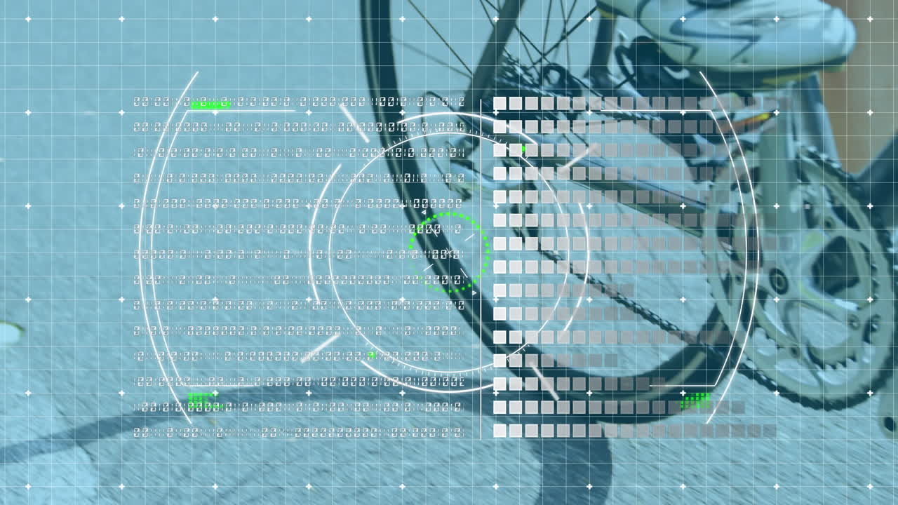 Animation of scope scanning over low section of caucasian female cyclist riding a bike on the road