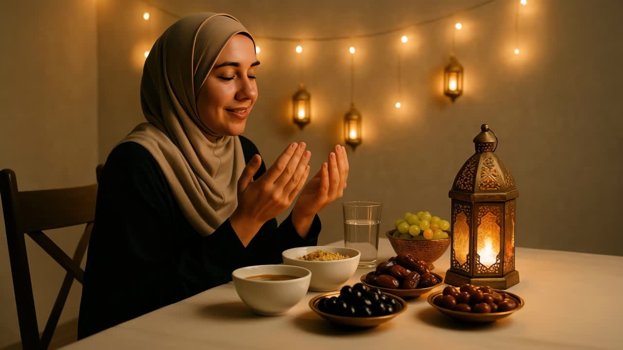 A serene video scene of a woman praying at a table with food, captured from a side angle