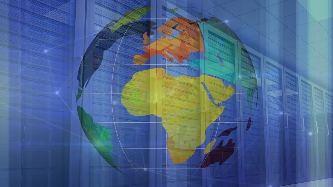 Animação de um globo e conexões movendo-se sobre uma sala de servidores.