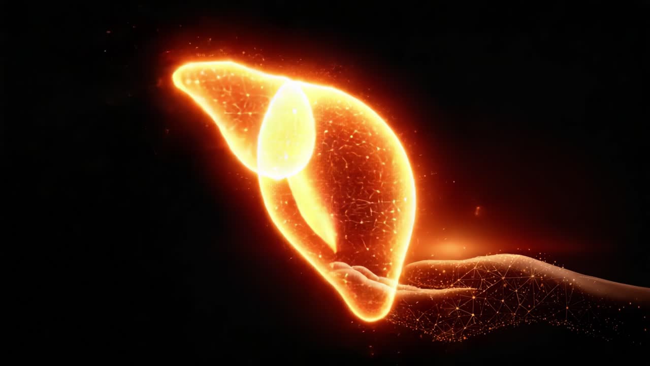 Una rappresentazione luminosa del fegato: Una visualizzazione artistica della struttura epatica con energia radiante e motivi digitali su uno sfondo scuro